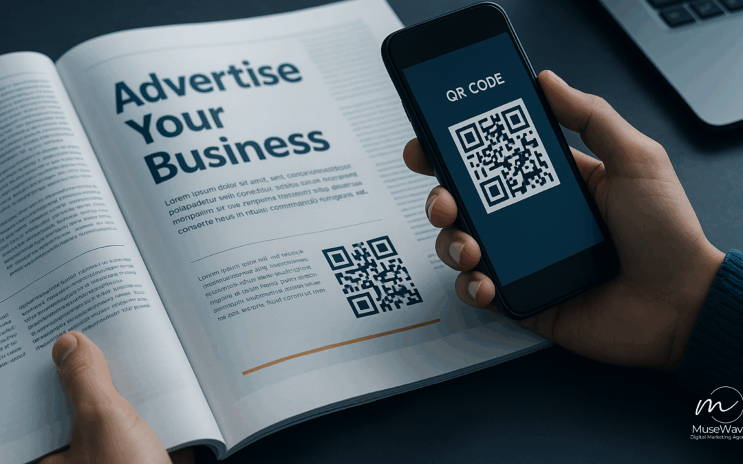 Person scanning a QR code from a print magazine — demonstrating how Western NY businesses can turn print ads into online leads.