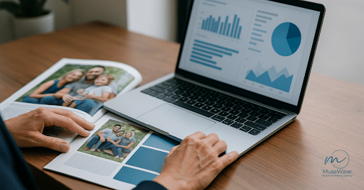 Local business owner reviewing marketing materials with laptop – MuseWave Digital