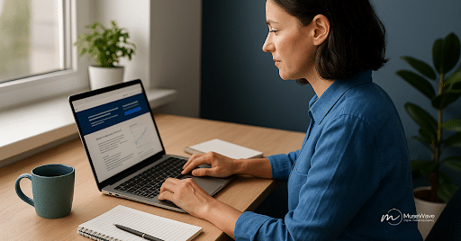 Small business owner brainstorming messaging ideas on laptop – MuseWave Digital