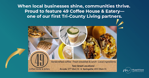 49 Coffee House & Eatery featured as one of Tri-County Living’s first partners — showcasing how local business visibility builds community growth in Western NY.