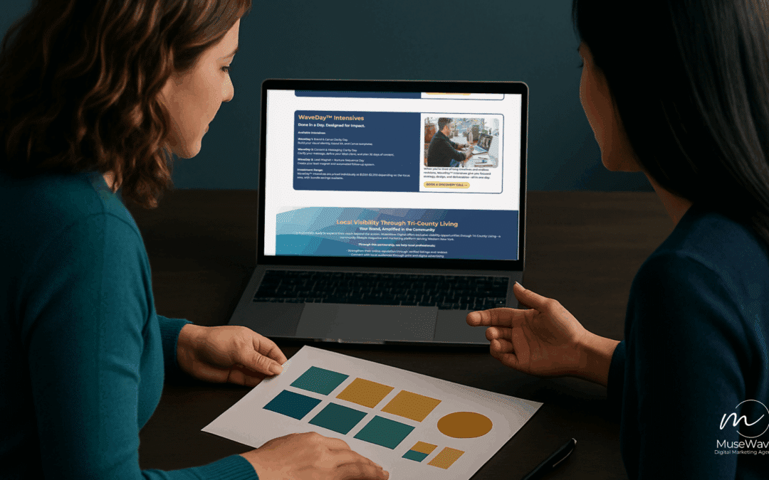 Two women discussing a branding project with a laptop open to MuseWave Digital’s WaveDay™ page – MuseWave Digital