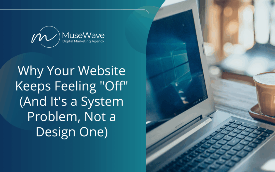 Laptop on a desk with coffee, representing thoughtful website planning and clarity