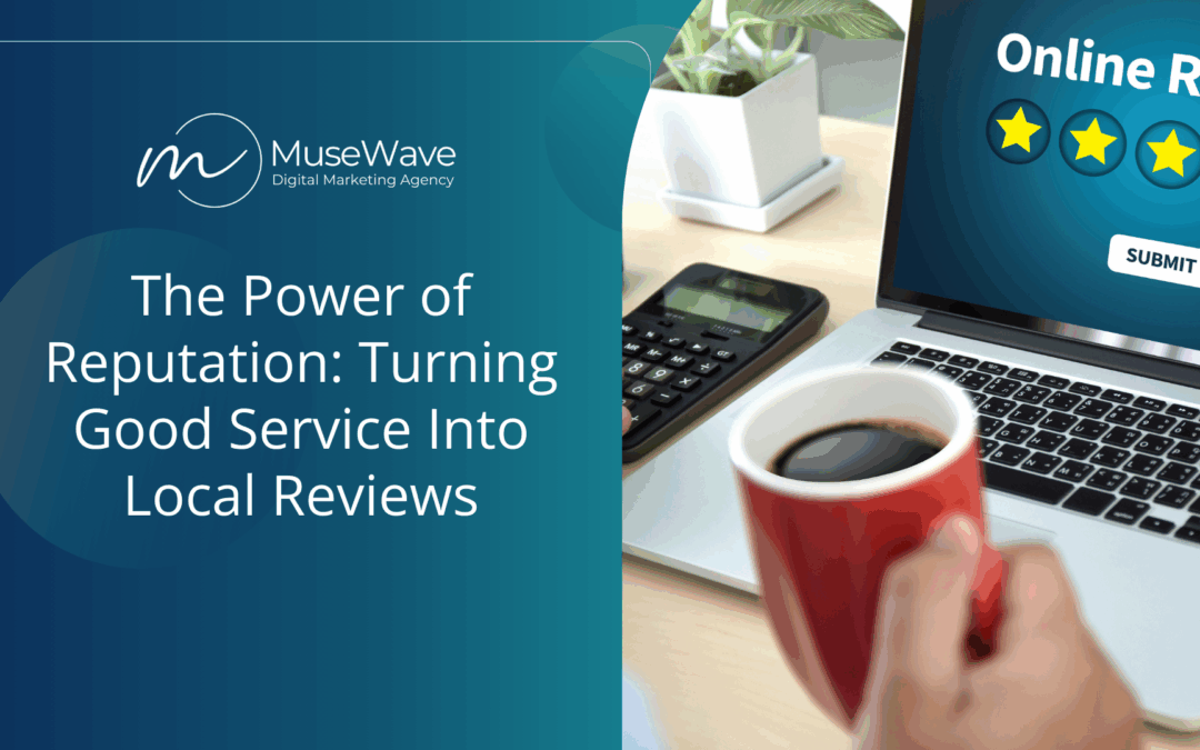 Laptop displaying online reviews and star ratings with a coffee mug in the foreground